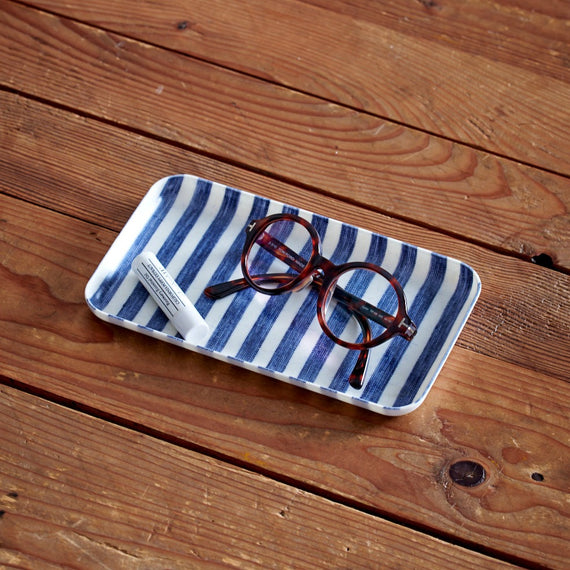Fog Linen Work Linen Coated Tray (S): White Blue Stripe