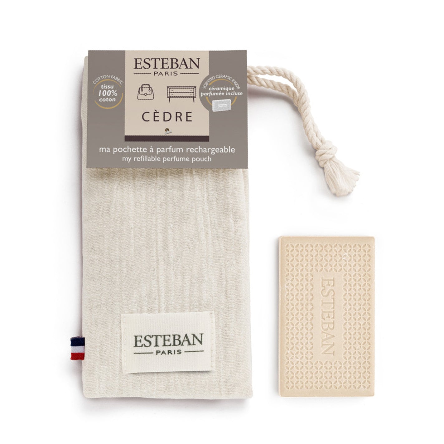 Esteban Cèdre Perfumed Ceramic Tile in Linen Pouch: Official Stockist
