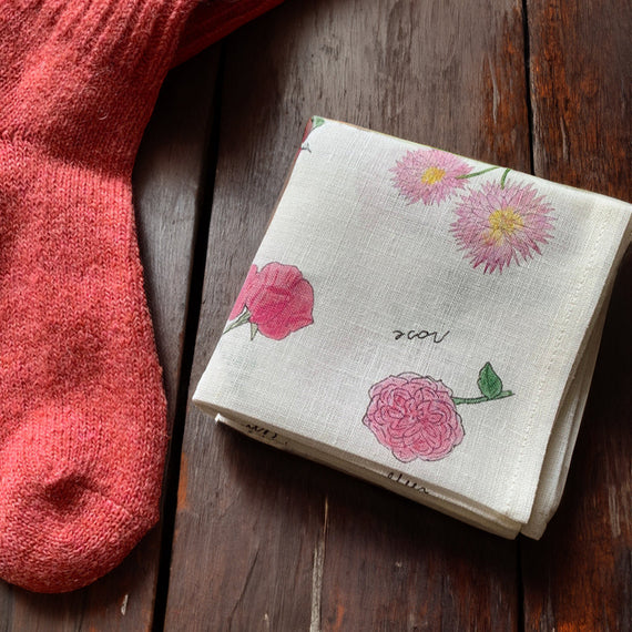 Fog Linen Work Isabelle Boinot Handkerchief: Pink Flowers