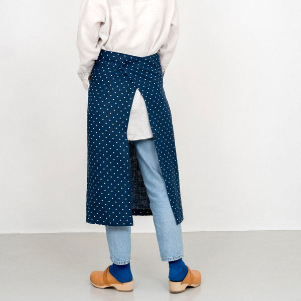 Linen Full Apron: Navy Dot