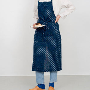 Linen Full Apron: Navy Dot
