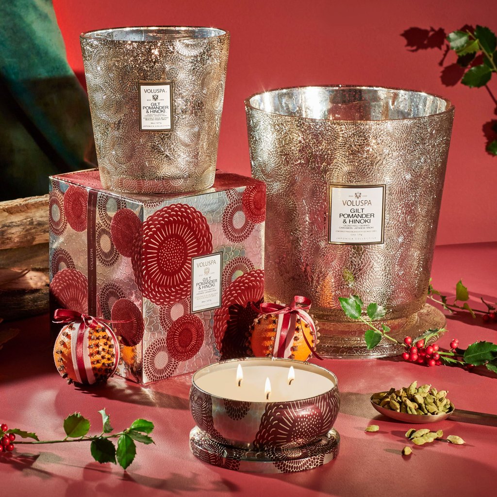 VOLUSPA Gilt Pomander & Hinoki Boxed 3 Wick Hearth Candle