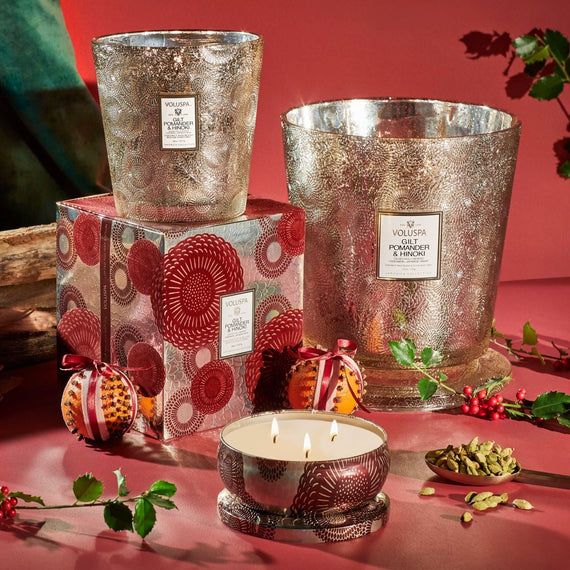 VOLUSPA Gilt Pomander & Hinoki Boxed 3 Wick Hearth Candle