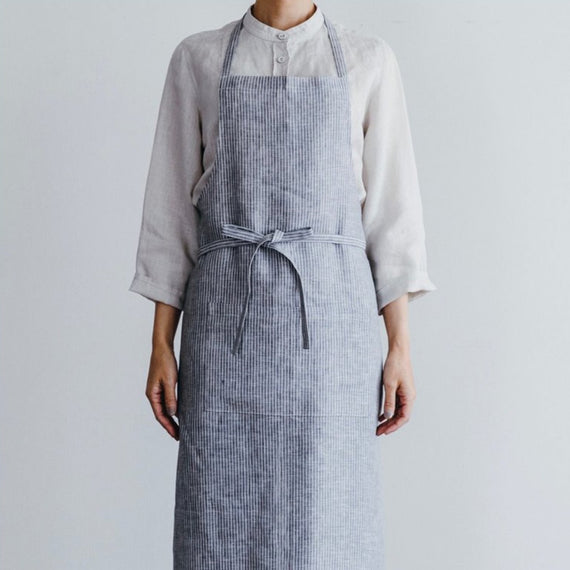 Fog Linen Work Linen Full Apron: Grey White Stripe