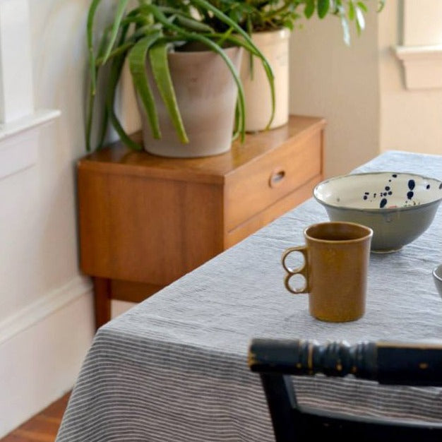Fog Linen Work Linen Table Cloth (L): Grey White Stripe