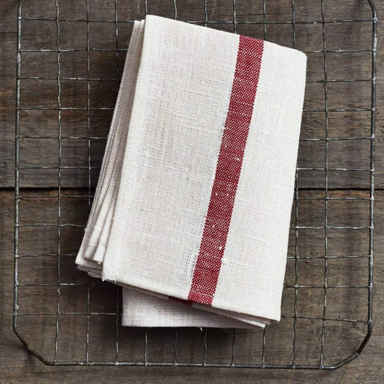 Fog Linen Work Thick Linen Tea Towel: White Red Stripe